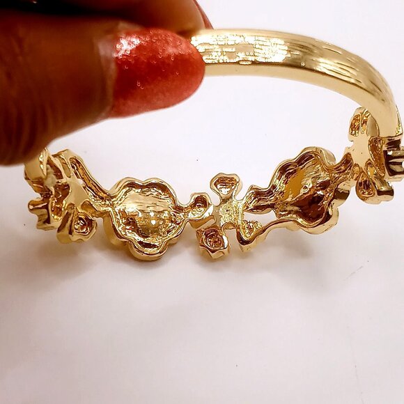 Monet Bracelet Stretchy Floral Gold-Tone Metal Rhinestones Faux Pearls Bangle 7" - Picture 7 of 13